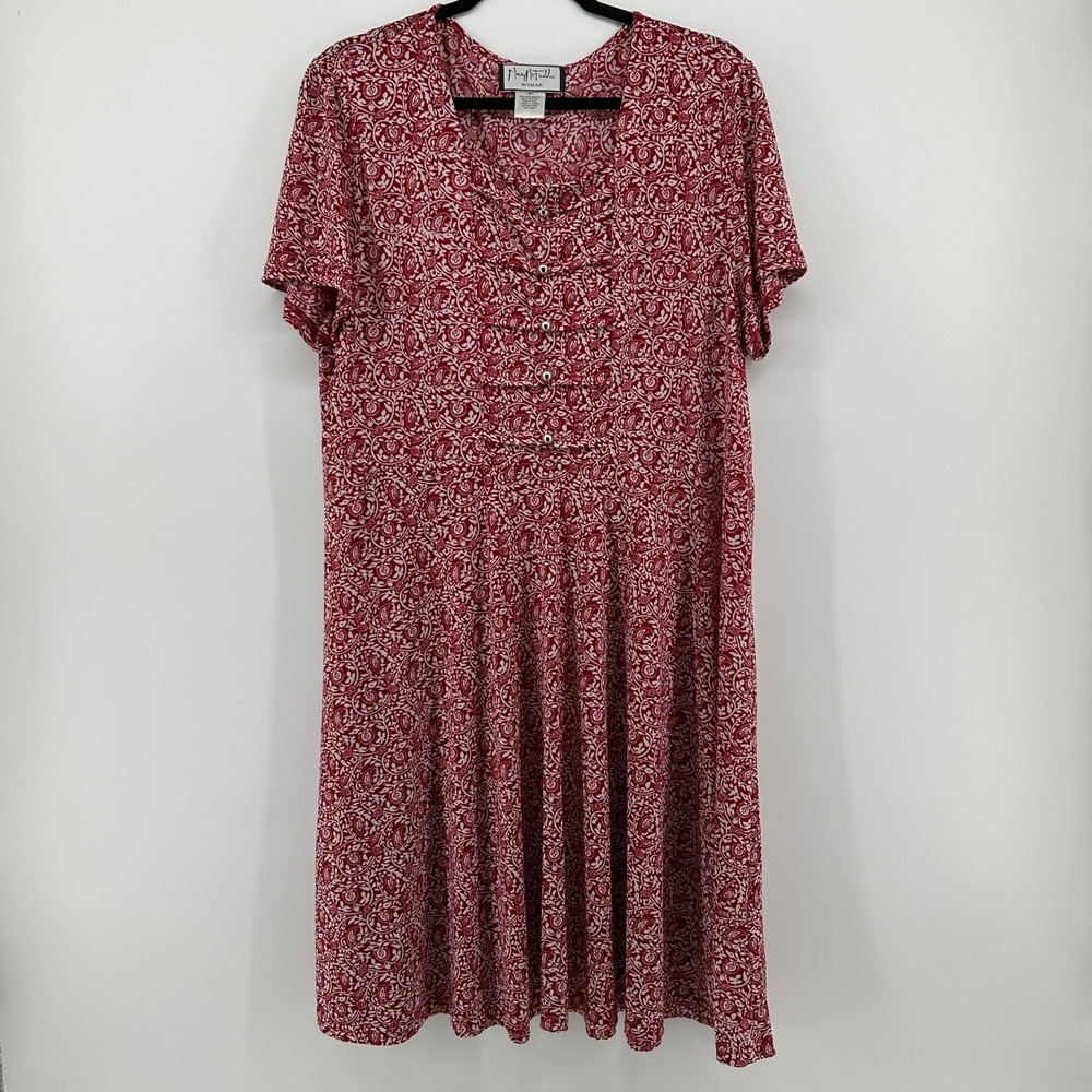 Mary McFadden Red White Paisley Floral Short Sleeve Midi Dress 3X Cottagecore